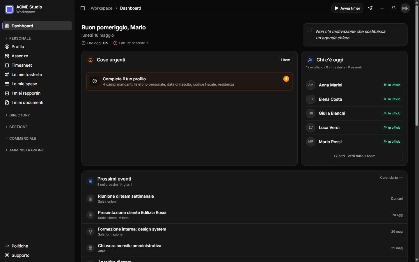 Dashboard di Pleya con KPI, scadenze e presenze del team