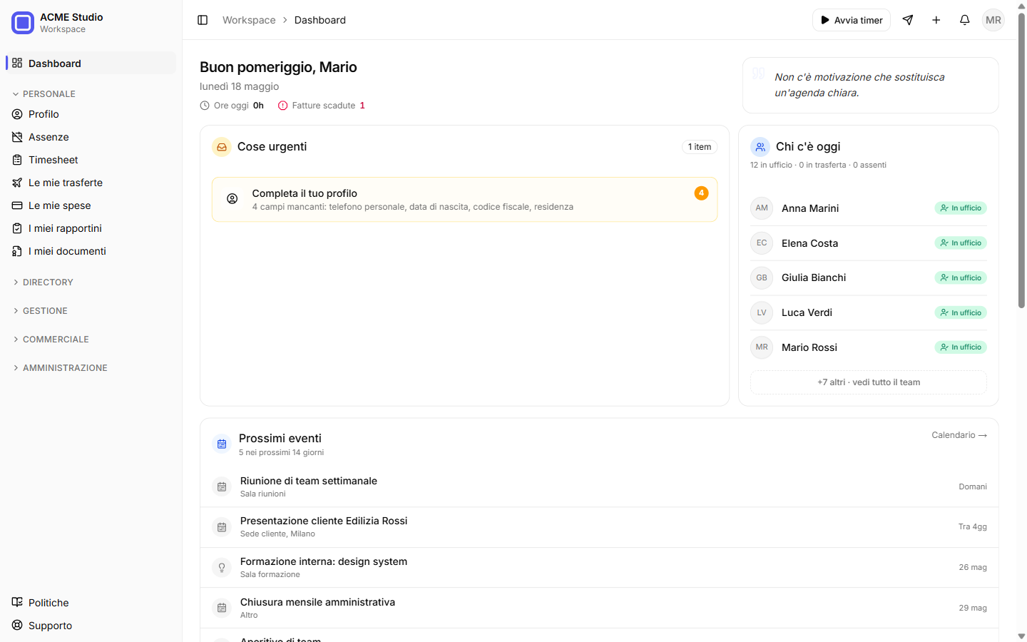Dashboard di Pleya con KPI, scadenze e presenze del team