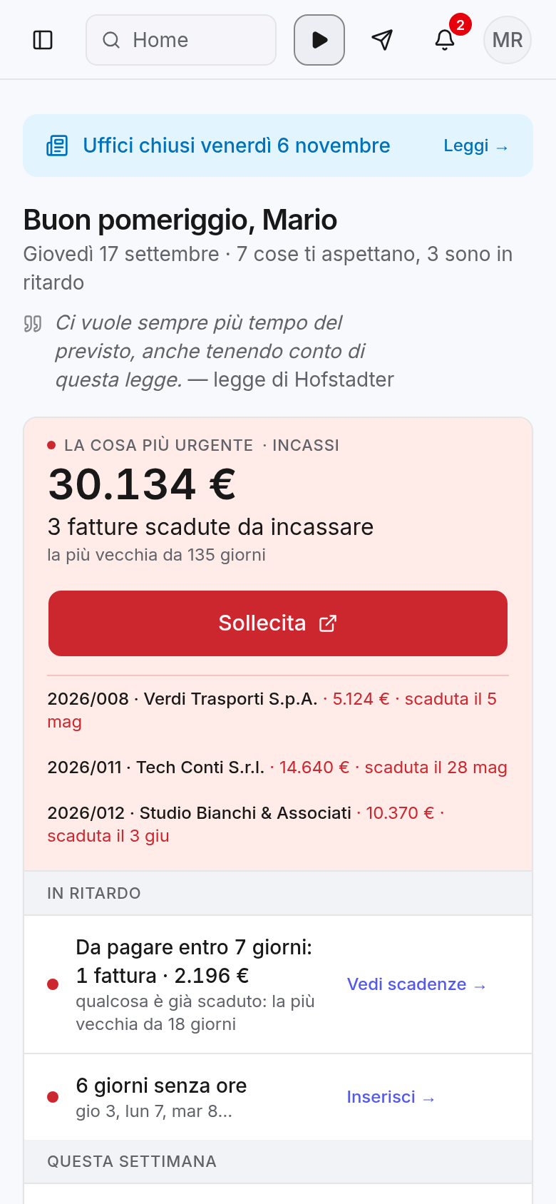 Pleya aperto sulla home: in cima la cosa più urgente e sotto l’elenco di quello che aspetta te