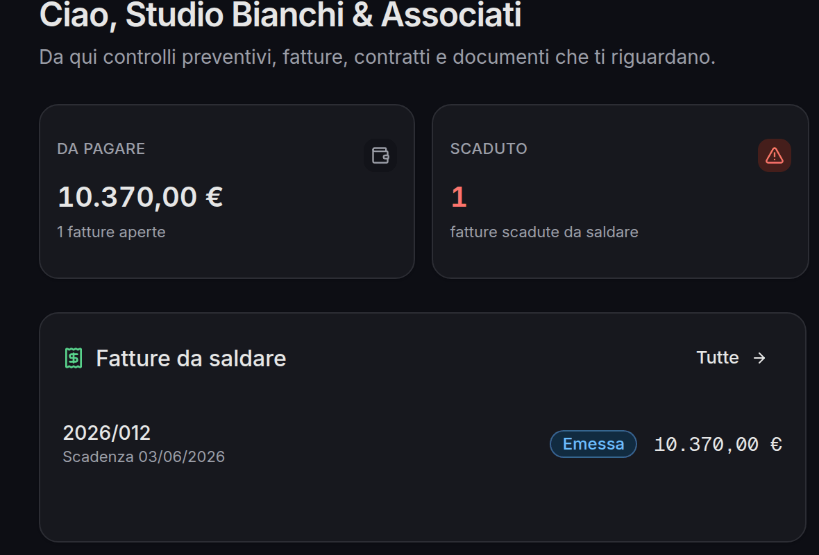 Il portale clienti di Pleya col marchio dell’azienda: preventivi da firmare, fatture, documenti e ticket