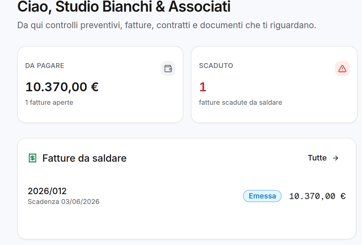 Il portale clienti di Pleya col marchio dell’azienda: preventivi da firmare, fatture, documenti e ticket