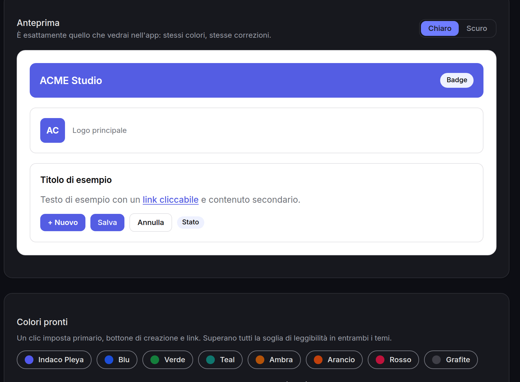 L’anteprima dal vivo del tema in Pleya: intestazione, logo e bottoni nel colore dell’azienda, coi colori pronti