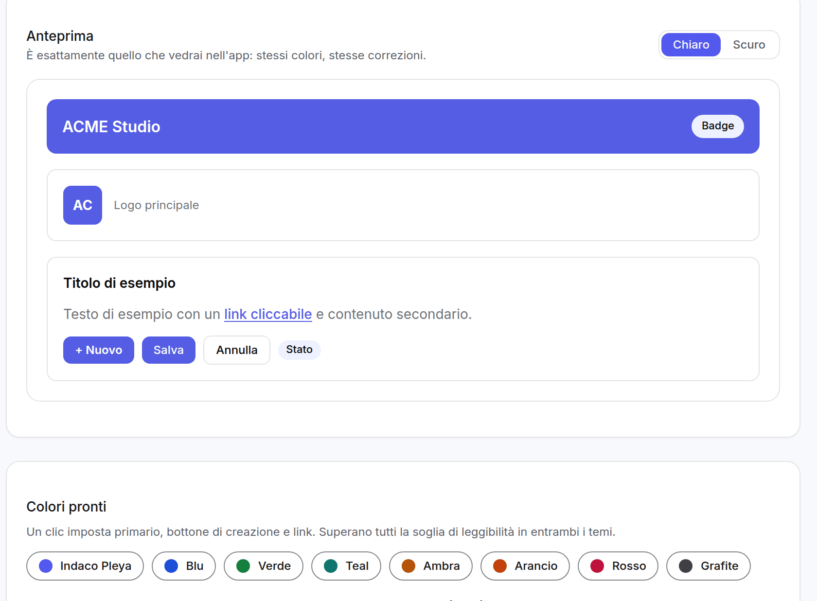 L’anteprima dal vivo del tema in Pleya: intestazione, logo e bottoni nel colore dell’azienda, coi colori pronti